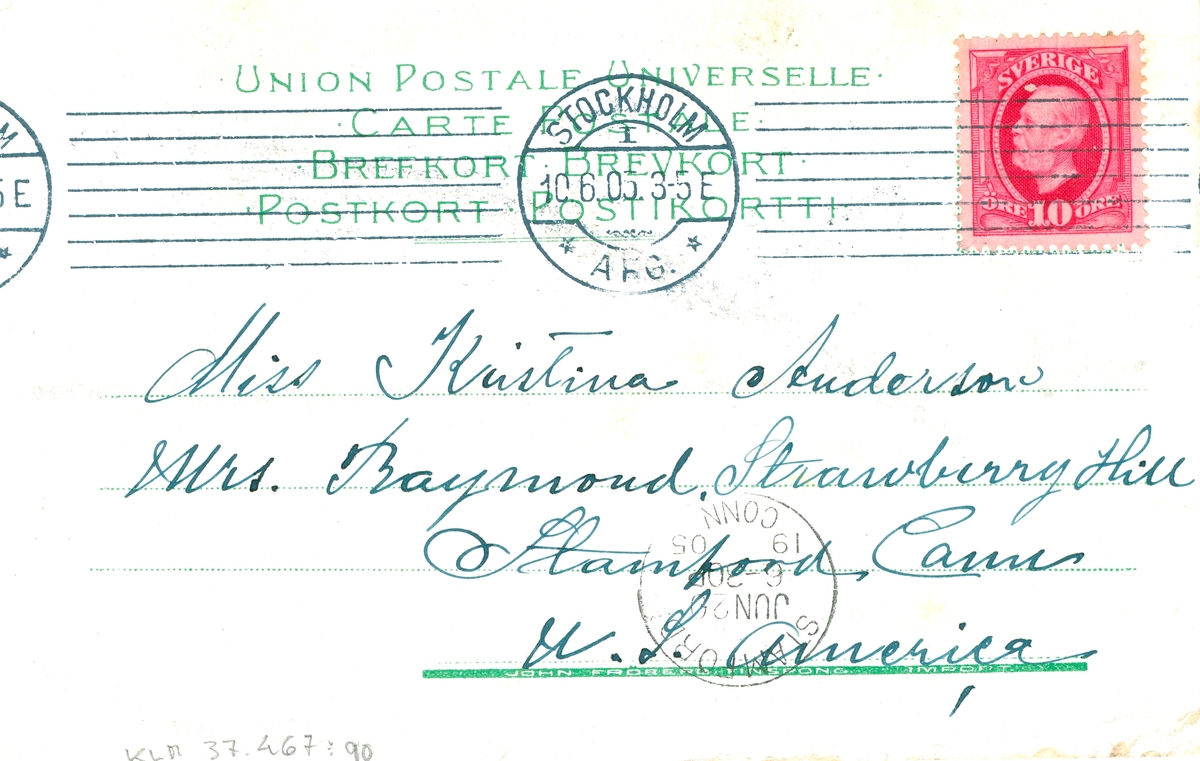 Ett vykort till Kristina Andersson, Stamford, Connecticut. Det är skrivet av Edvard Nilsson i Böda.