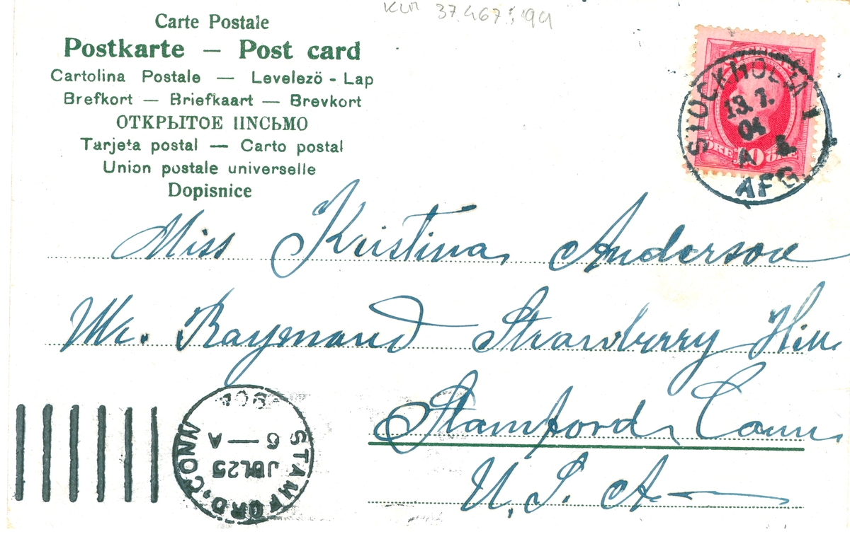 Ett vykort till Kristina Andersson, Stamford, Connecticut, USA. Det är skrivet av Edvard Nilsson i Böda.