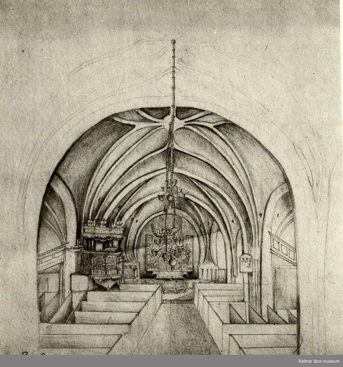 Teckning av C.G. Brunius föreställande långhuset med kryssvalv i Västra Ed:s gamla kyrka.