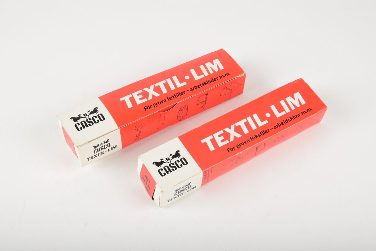 To tuber med tekstillim i original emballasje. For grove tekstiler, som for eksempel arbeidsklær.
