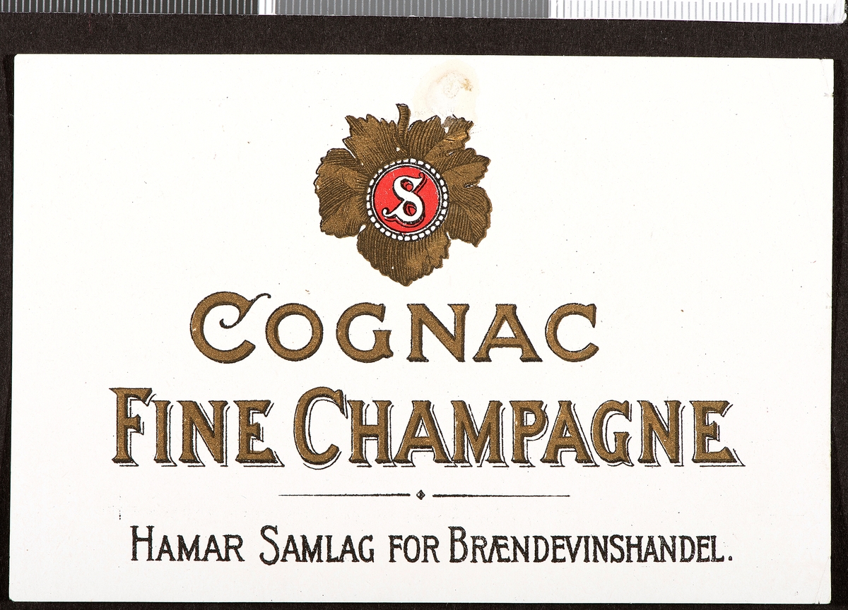 Brennevinsetikett. Spritetikett. Cognac Fine Champagne.  Hamar Samlag for Brændevinshandel.
