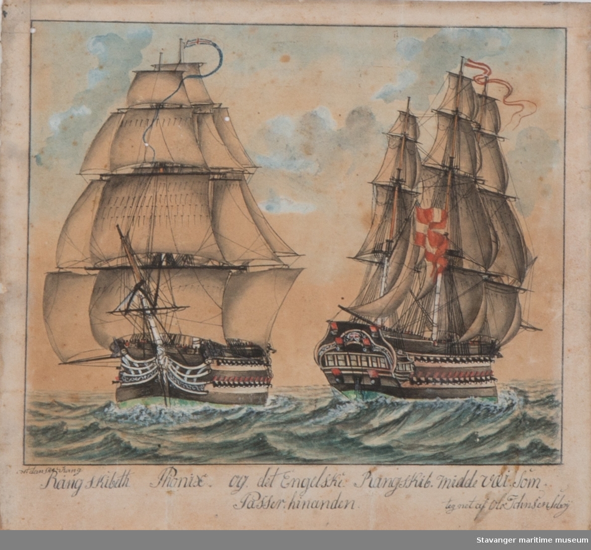 Rangskibet Phonix og det engelske Rangskib Middelvær (?) passerer hverandre.