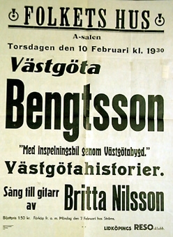 Vit med svart tryck:
Västgöta Bengtsson
"Med inspelningsbil genom Västergötland"
Västgötahistorier
Folkets hus i Lidköping