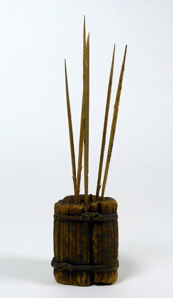 Enl. liggare:
"Fem, pilar på bamburörskaft, hvaraf en förgiftad. Från Söderhavsöarna."
