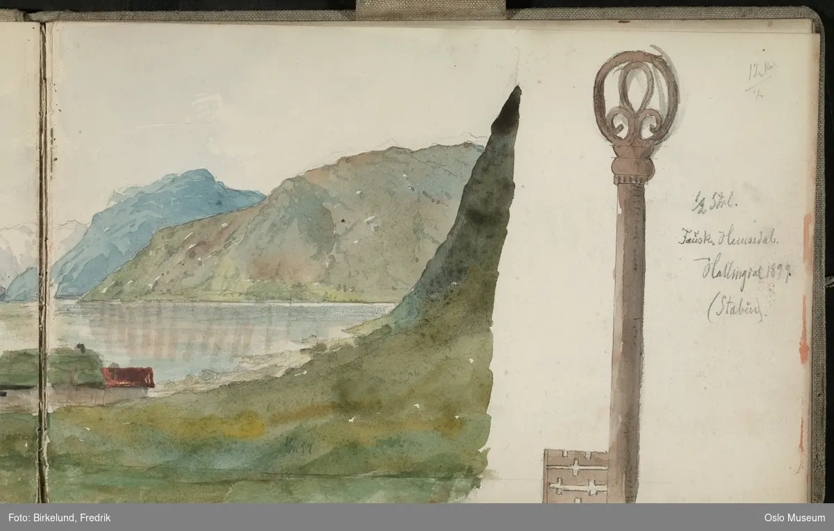 Innbundet skissebok med blyantskisser og malte skisser fra Vikøyri, Vik i Sogn og Hove steinkirke.
