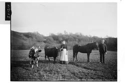 Mann og kvinne lar seg avbilde med en en hest og to kyr. Kyr