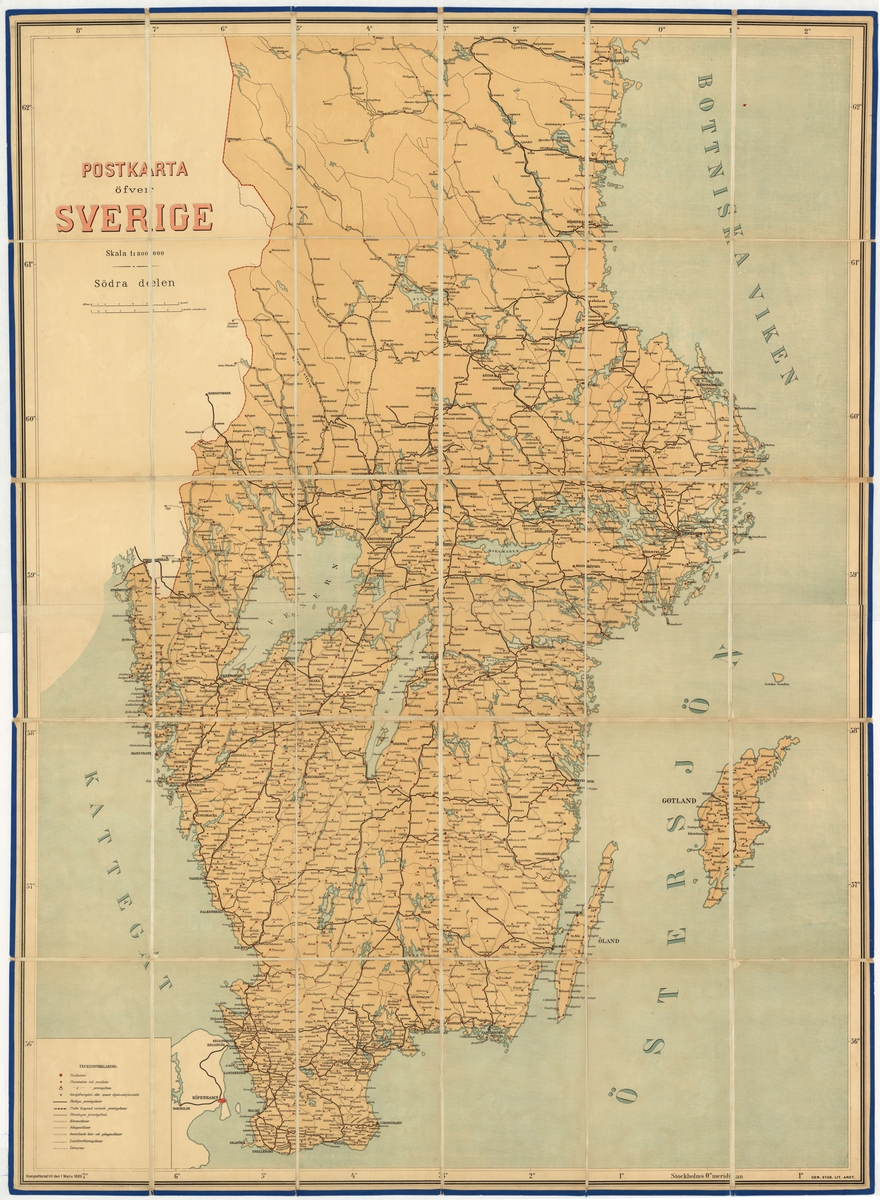 Postkarta över Sverige, södra delen, utgiven 1 mars
1889Kartan av papper på väv. Skala 1:800 000.