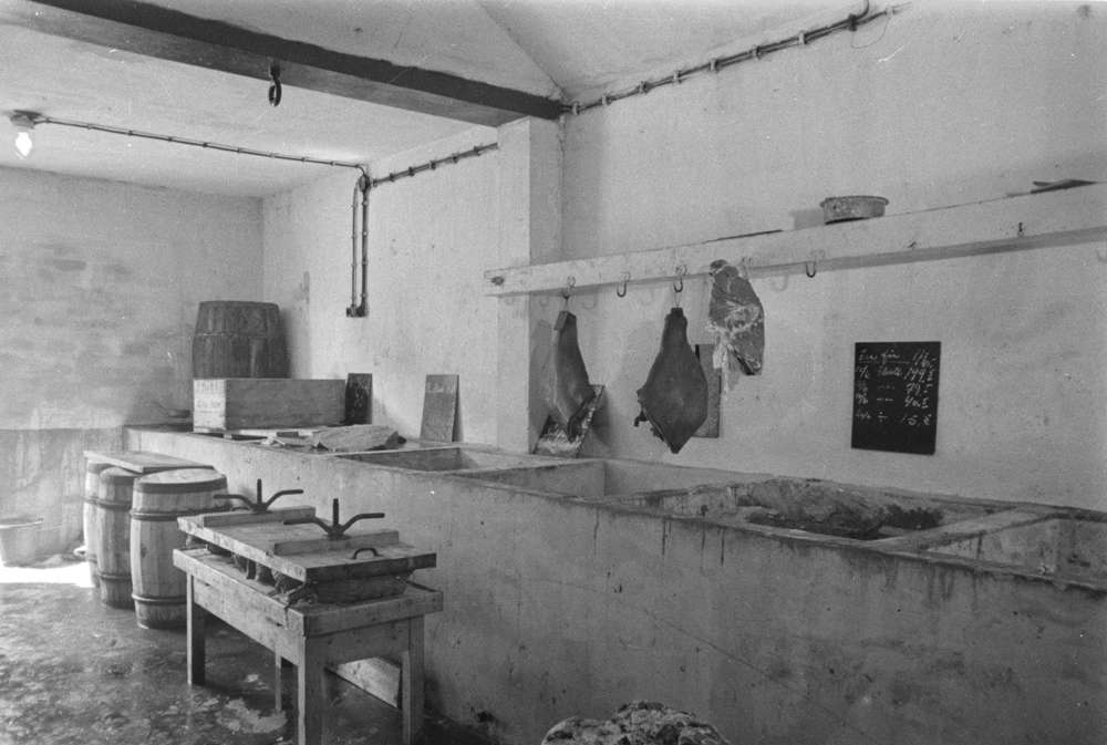 Slakteriarbeidere og distriktsveterinær Kurt Ragnvald Bakstad. Røine i arbeide ved slakteriet på Jernbanekaia.(1946-1959.) Flere bilder inne og ute.
Salgslag slakteri