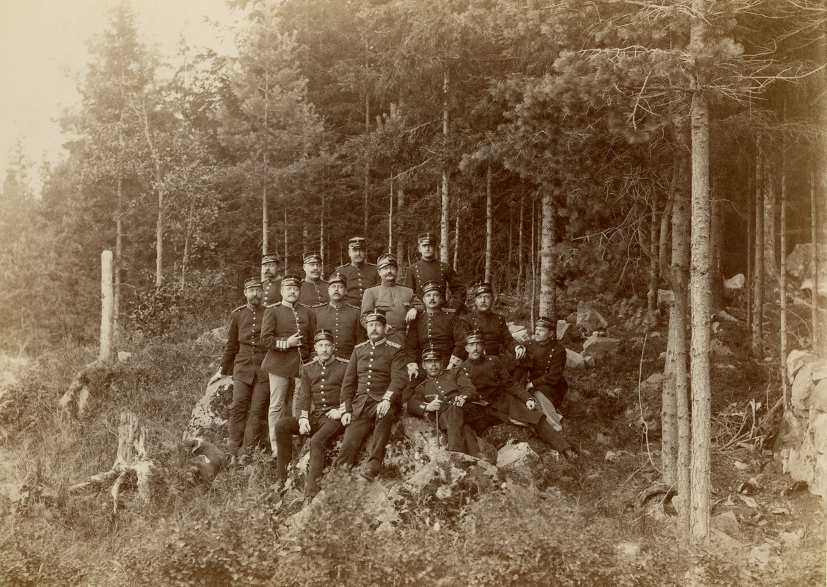 Officerare från olika regementen samlade i skogen vid Laxön.