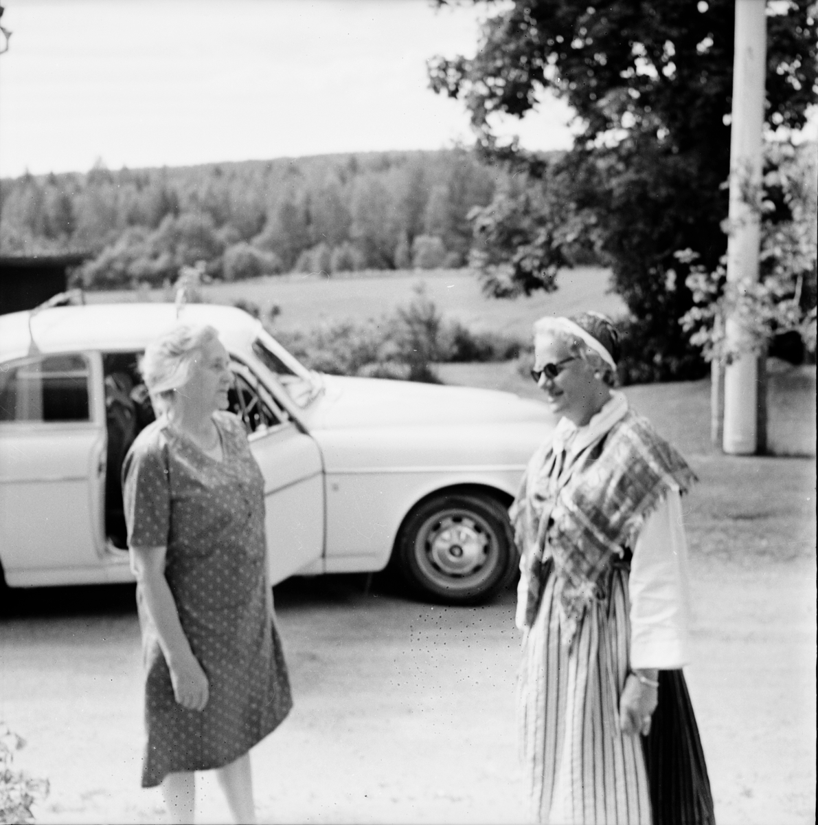 Hos Petrus Iggström, Bogården (Bortigården), Arbrå, Kvinnan till vänster i bild är Kristina Iggström. 
Juli 1971