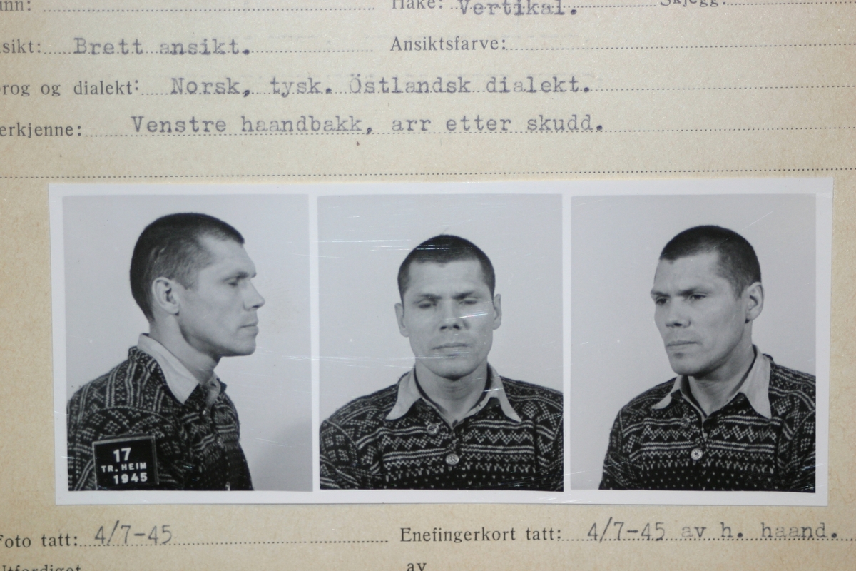 Digitale kopier av foto av Hans Egeber. Et arrestasjonsfoto og et bildeav Egeberg sammen med tre politimenn. Originalene eksisterer hos eier.