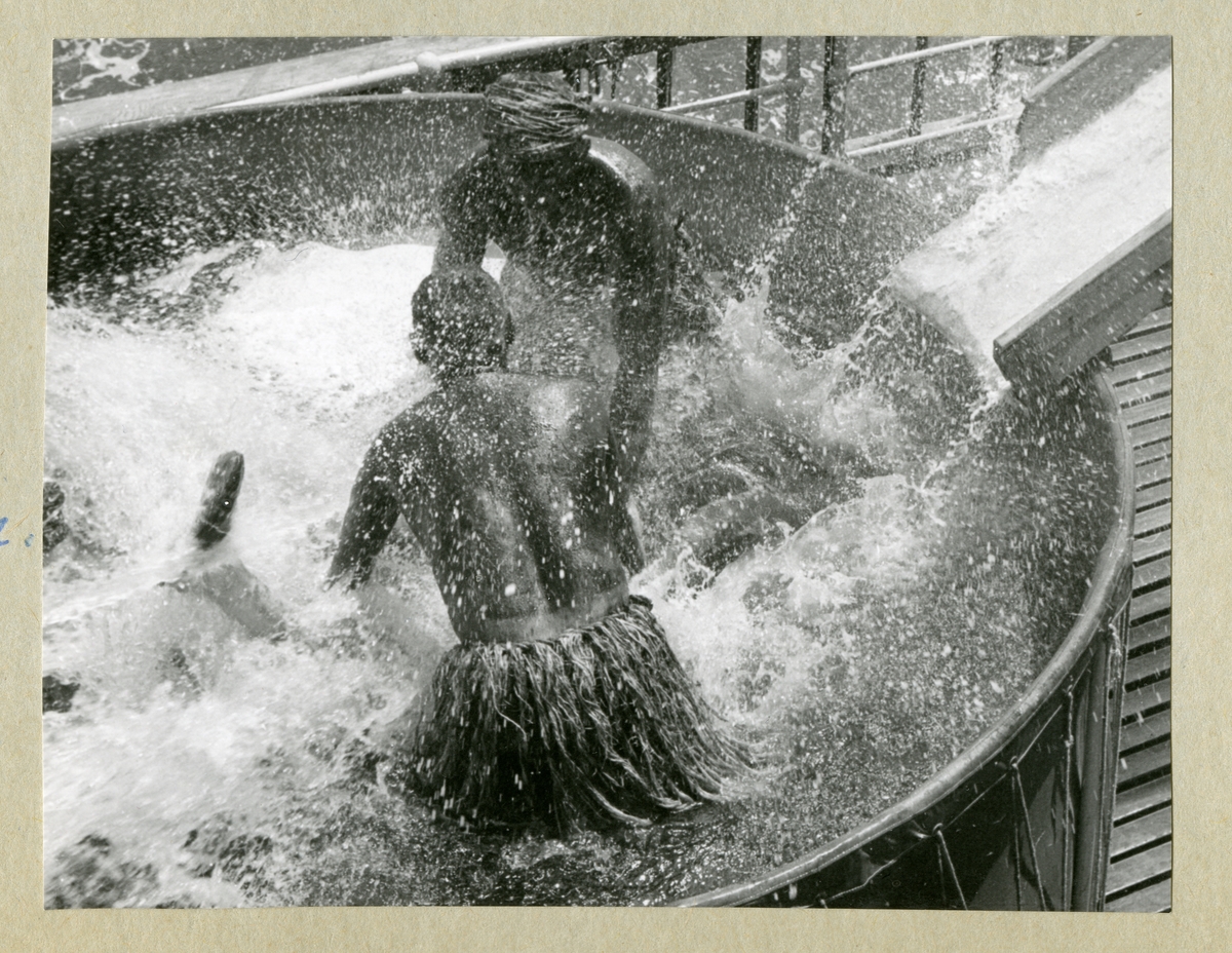 Bilden föreställer Göte Lindblads hedersdop ombord på minfartyget Älvsnabben under långresan 1966-1967. På bilden har Lindblad precis kanat ner i en vattenbassäng och tas emot av två utklädda män. Lindblad är inte kläd i paraduniform utan i långreseuniform nr 1, motsvarande s k daglig dräkt.