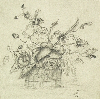 Teckning av korg med blommor. Enligt uppgift ska konstnären vara Wendela Zelow men det är troligare att det är Wendela Flach.

Enligt liggaren: 85575:1-189: Christine Zelows ritportfölj.