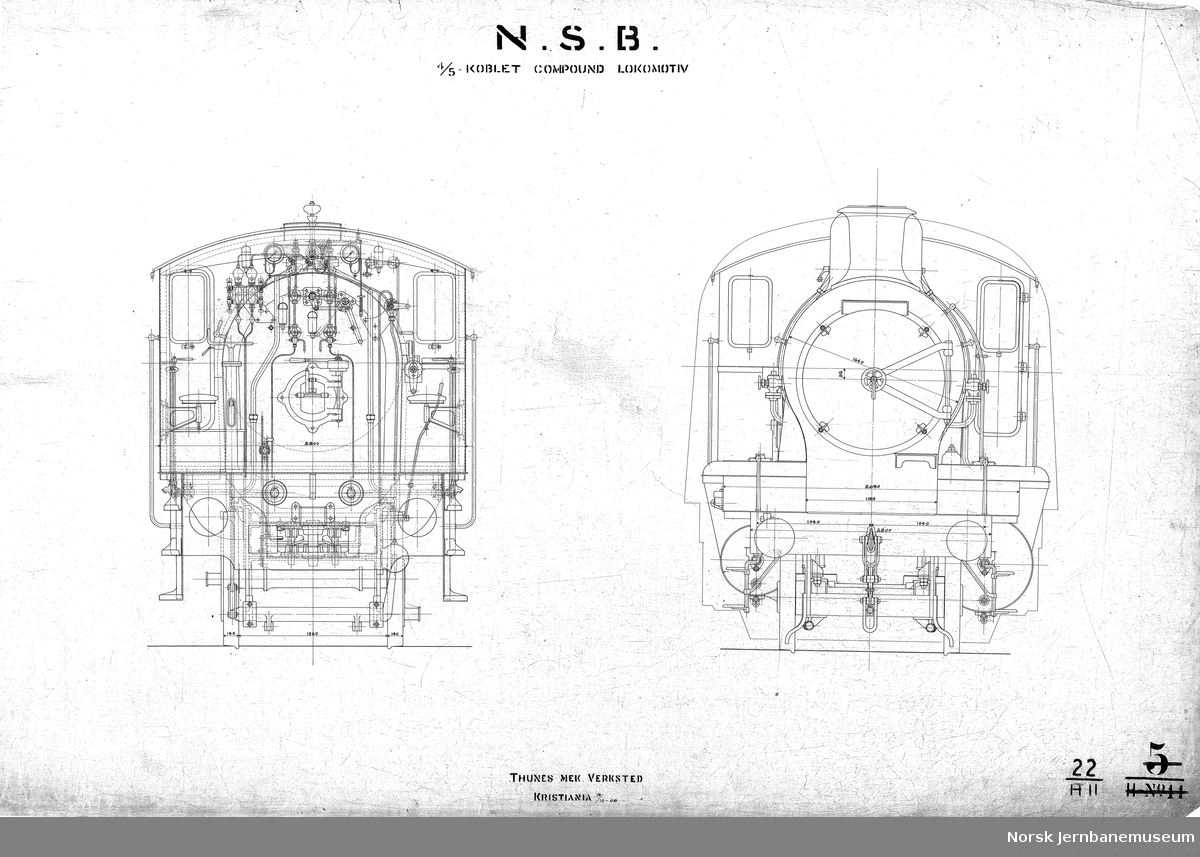 N.S.B. 4/5-koblet compound-lokomotiv. Normalsporet.
Damplok type 22a. Tegning 22 H10 og H11