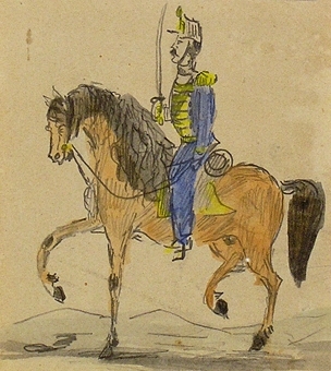 Teckning av  en soldat till häst. Samhör med nio andra teckningar av soldater. Teckningarna ligger tillsammans i ett kuvert.


Teckning av 10 stycken soldater. Åtta stycken stående och två stycken sittande på var sin häst.