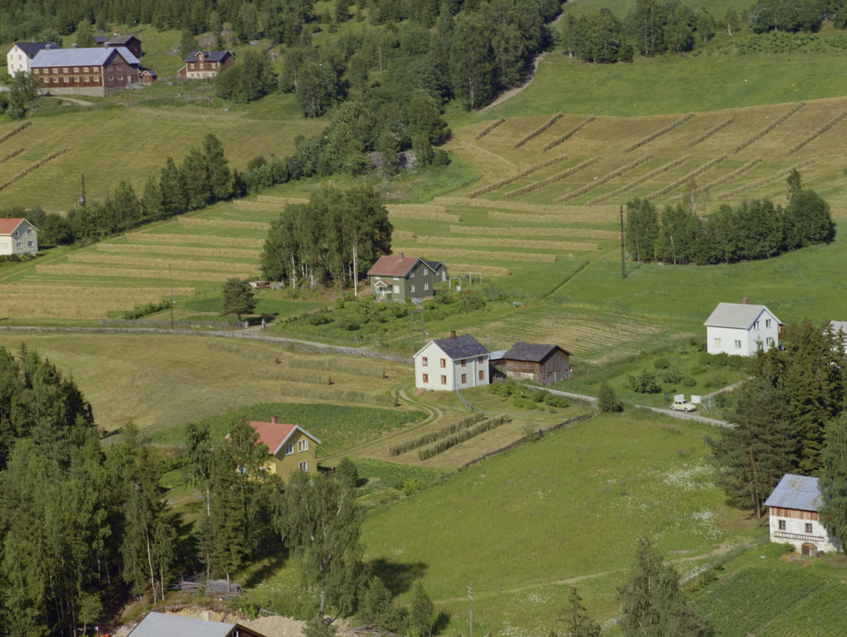 Øyer, Tretten østside. Midt på bildet går Øvregate med hus på begge sider, kjøkkenhager.  I bildets øvre, venstre billedkant sees Mo Gård, dyrket mark og hesjer.