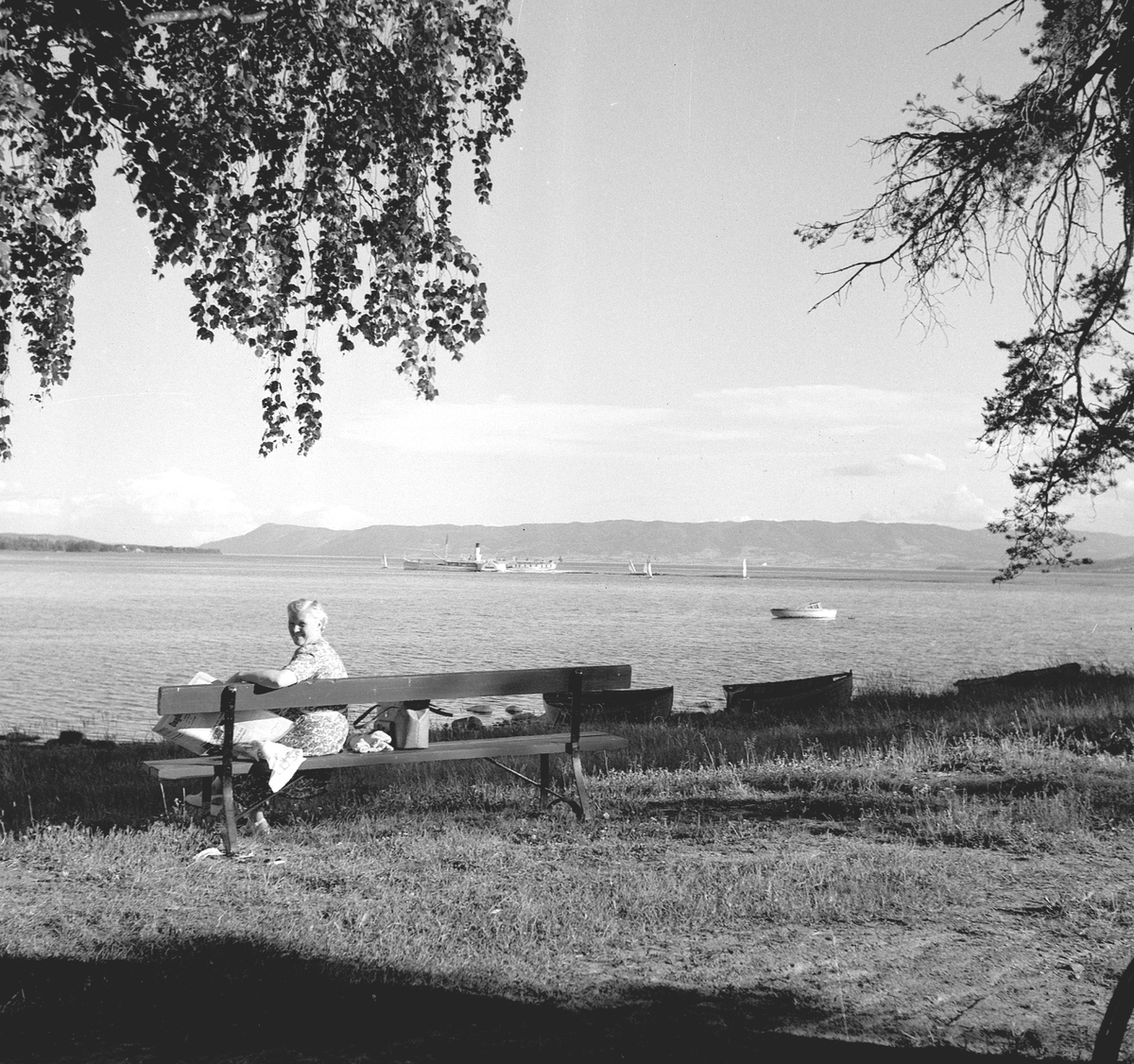 Storhamarstranda ved Ridehuset, Hamar. Kvinne,benk,avis ,Mjøsbåter. DS Skibladner.