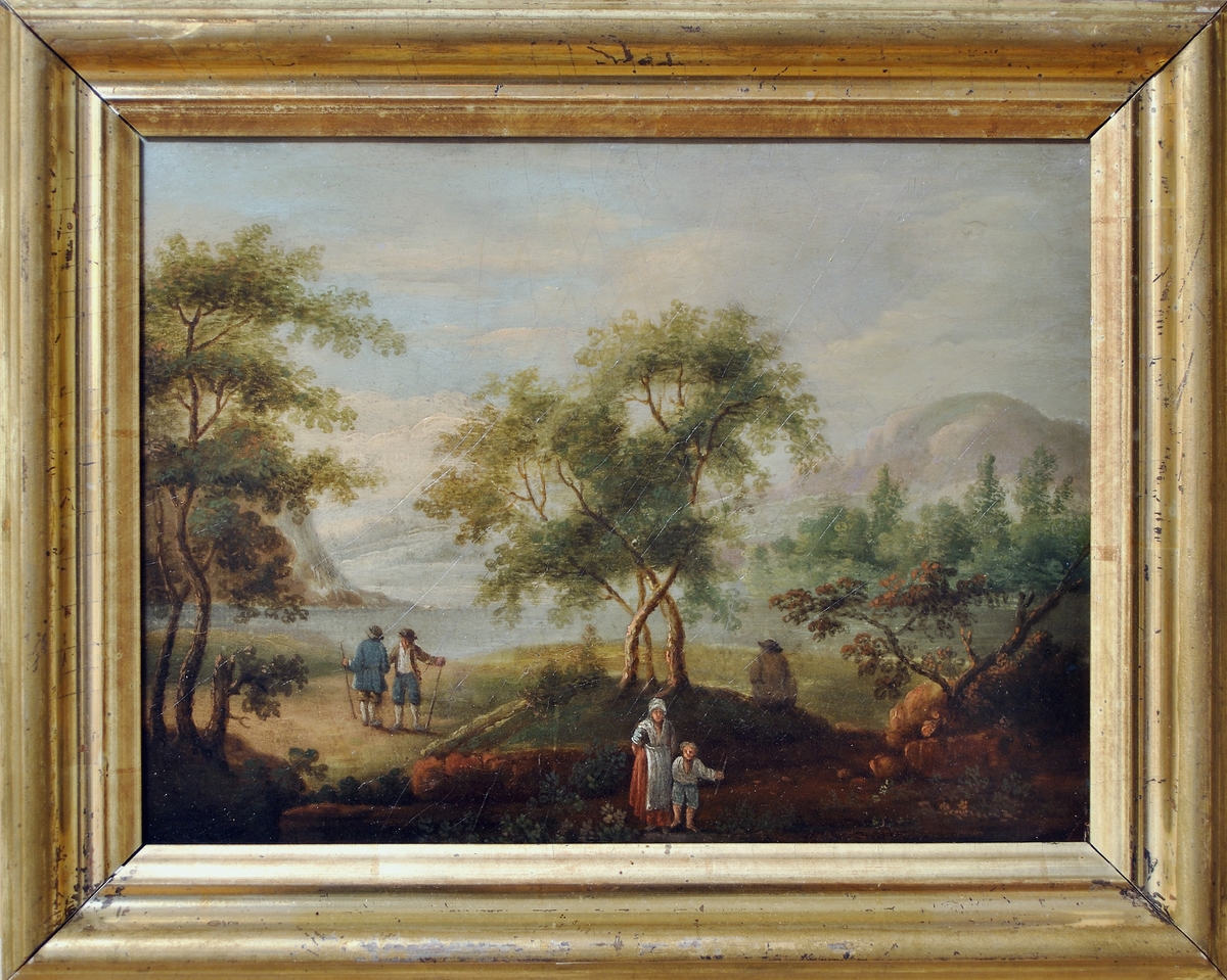 Oljemålning, på duk, "Landskap, Jämtland" av Pehr Sundin, jämtlandskonstnär, 1700-talet.