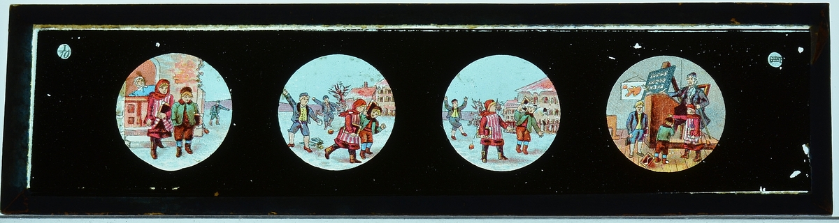 7 avlange glassplater med forskjellig motiv.