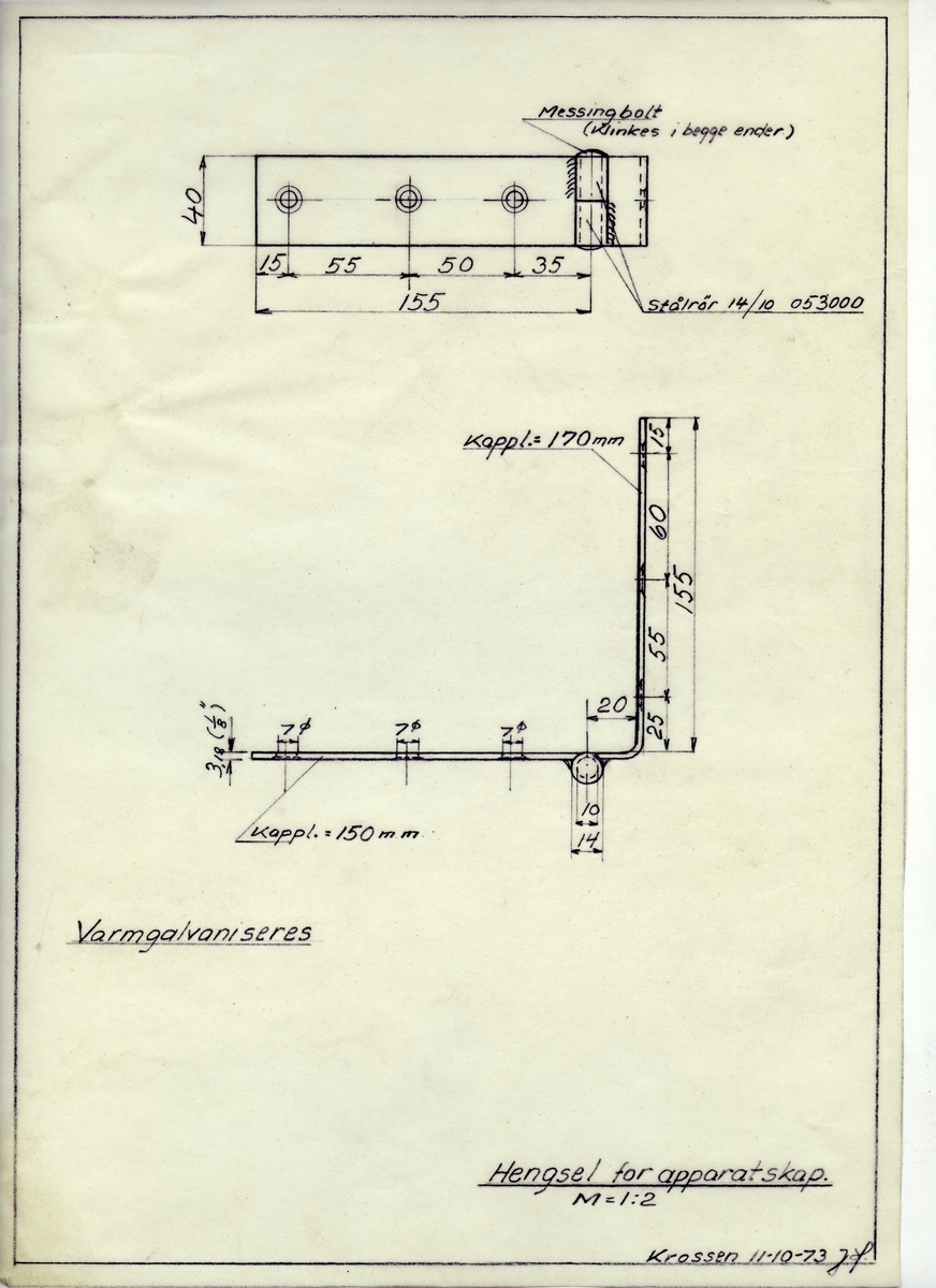 Håndskrevet arbeidstegning hengsel til apparatskap. Utarbeidet på Krossen 1973.