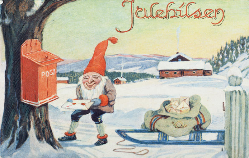 Tegnet julekort av en nisse med postkjelke og postkasse.