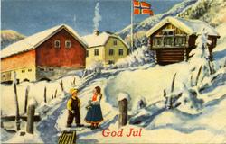 Julekort. Julehilsen. Vinterlandskap. En gutt med en kjelke 