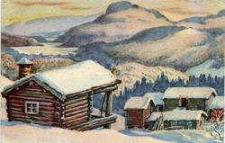 Postkort. Jule- og nyttårshilsen. Vinterlandskap. Et gårdstu