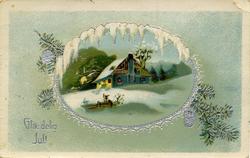 .Julekort. Jule- og nyttårshilsen. Vinterlandskap med hus. M