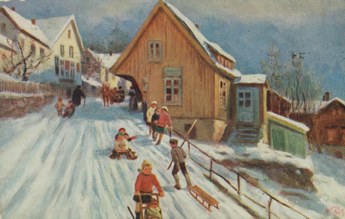 Julekort. Jule- og nyttårshilsen. Sort/hvit fotografi : Nisser med røde luer, på ski. Stemplet Oslo 21.12.1931.