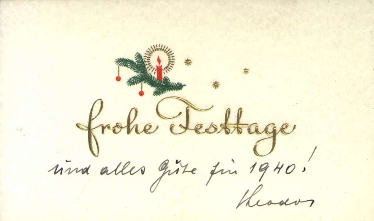 Julekort. Jule- og nyttårshilsen. På forsiden: Tysk tekst. Datert julen 1939.
