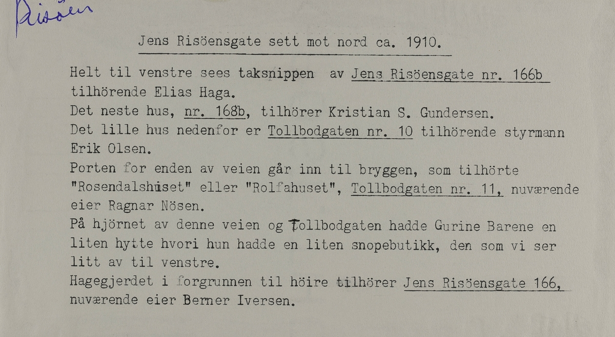 X Risøen - Jens Risøensgate sett mot nord ca.1910