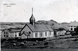 Landskap med hus.  Værøy i Lofoten.