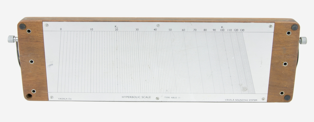 Basplatta ABB14 med interpoleringslinjal och hyperbolisk skala monterad på baksidan. På framsidan sitter även en tabell fastsatt för den torra termometern, tabellen är av papper och sitter väldigt löst. Basplattan ingick i utvärderingsmaterial för radiosond.