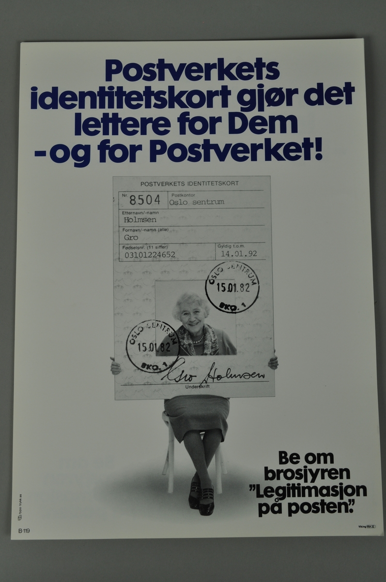Informasjonsplakat om Postens identitetskort. Illustrasjon fra 1982. Bokmål og nynorsk.
