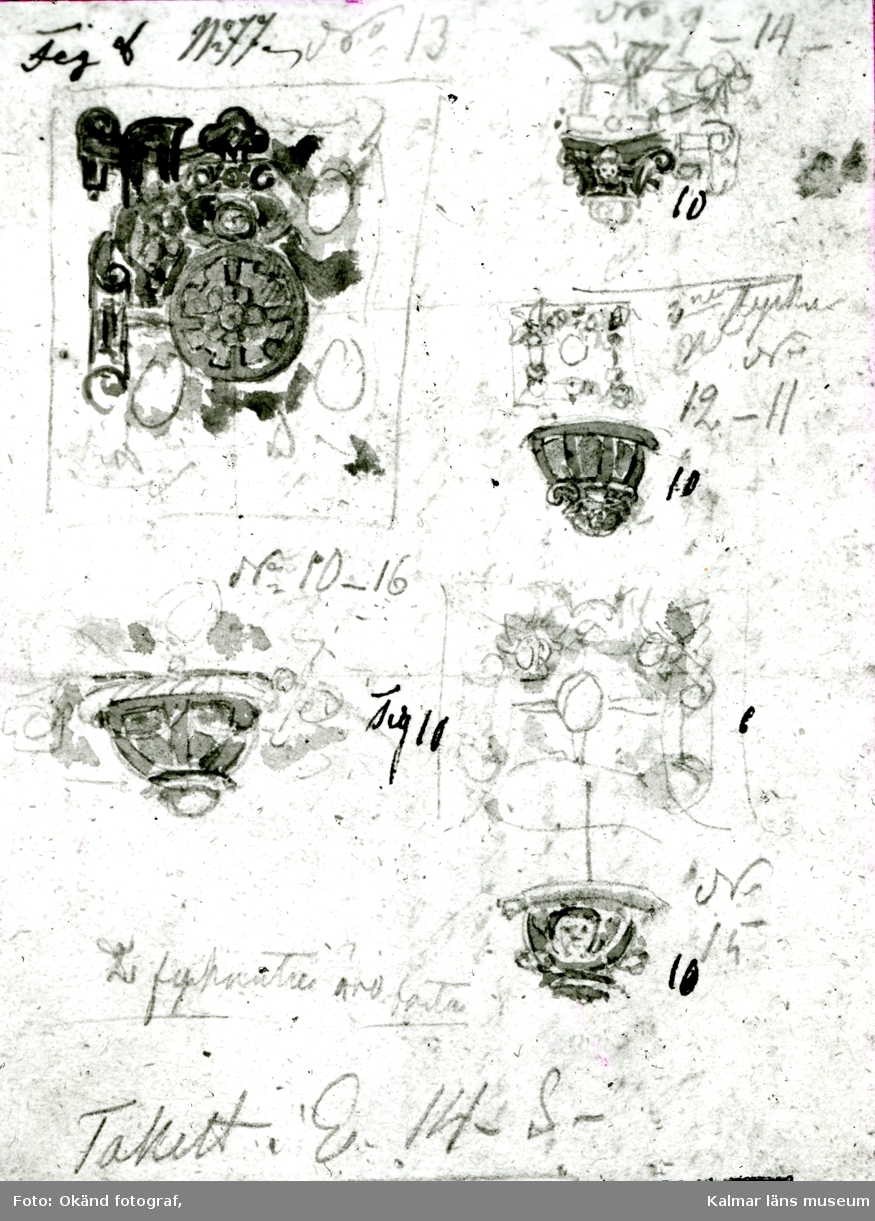 Kalmar slott: Kungsmaket skisser av Nils Månsson Mandelgren 1848. Kassettaket.
På vissa plåtar har Martin Olsson klistrat eltejp för att markera hur bilden skulle beskäras i boken.