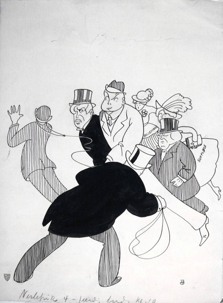 karikatur - En herre kaster inn en lasso blant en flokk med skuespillere - bl.a. Bjørn Bjørnson og Johan Fahlstrøm.
