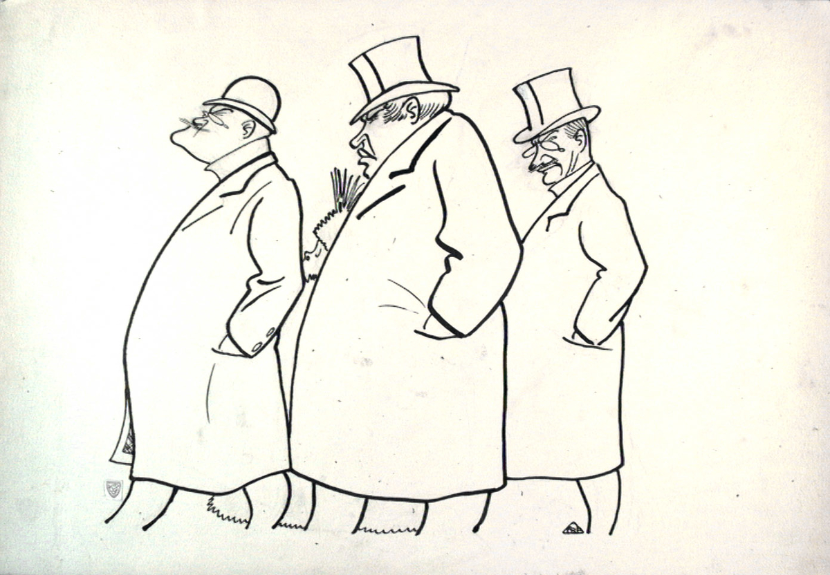 karikatur, gruppe
Christensen først, Fahlstrøm i midten, og hans fru Alma Fahlstrøm skimtes ved siden av, Scheel Heiberg bakerst.