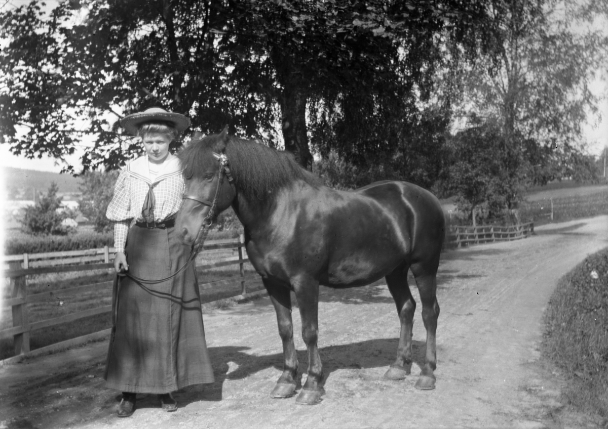 Margit Knudsen med ponny ved innkjøringen til Borgestad gård

Fotoarkivet etter Gunnar Knudsen.