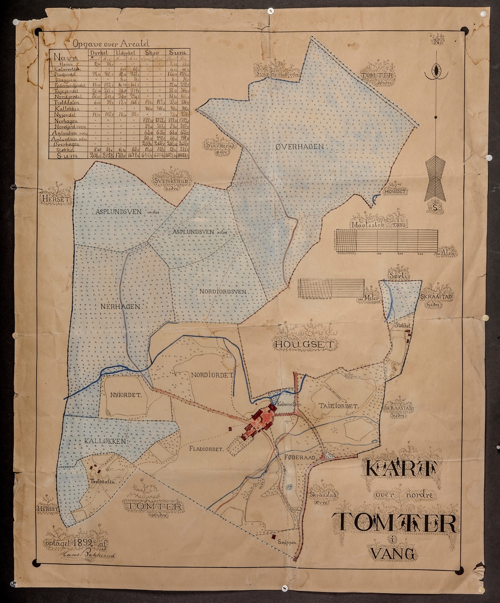 Gårdskart, gardskart. Kart over Nordre Tomter i Vang. Tegnet av Hans Bakkerud i 1892.