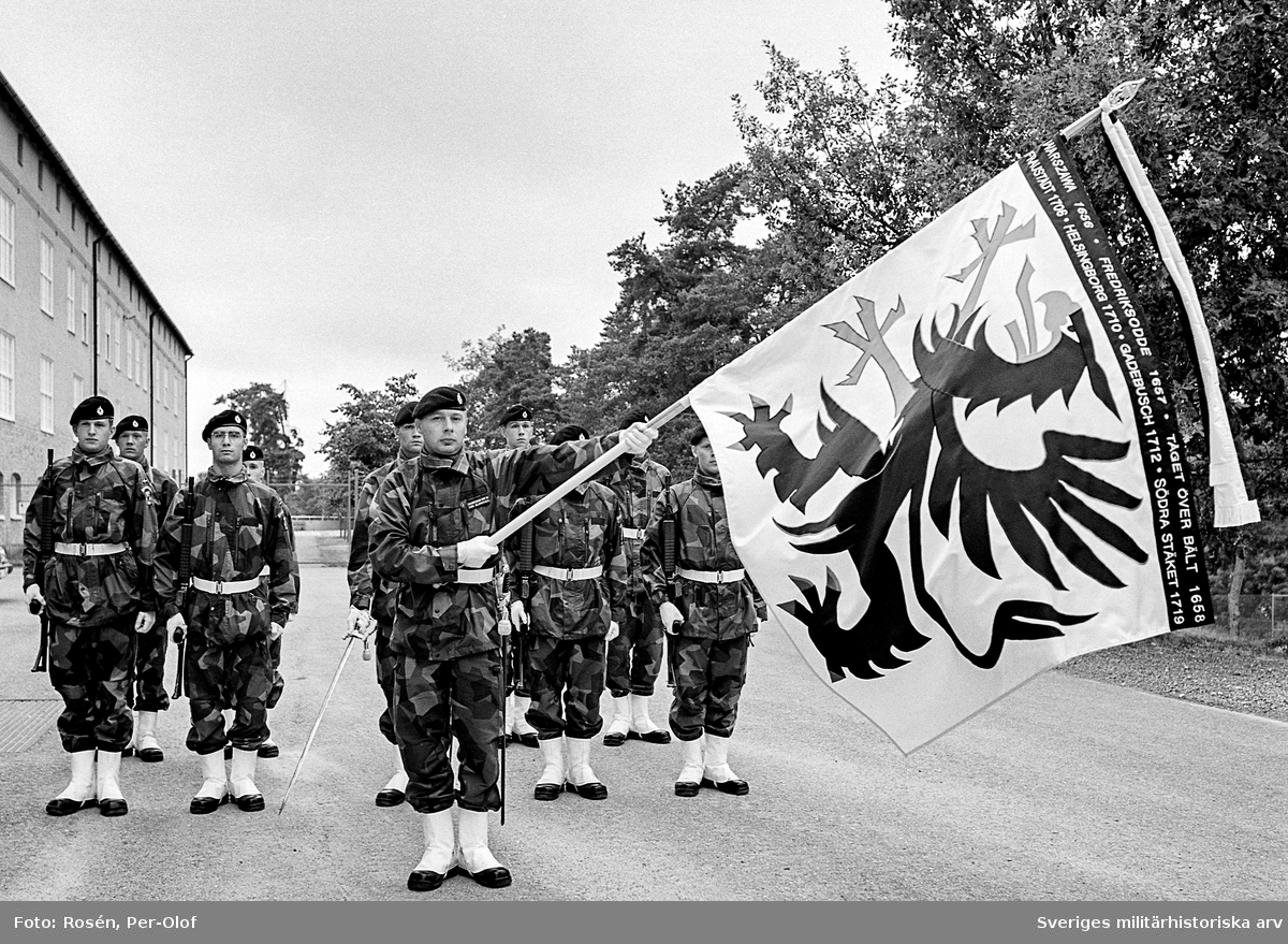 Södermanlands regementes och försvarsområdes fana. Fanförare kn Per Klingvall.
Ny fana överlämnad av HM Konungen den 12 aug 1994.