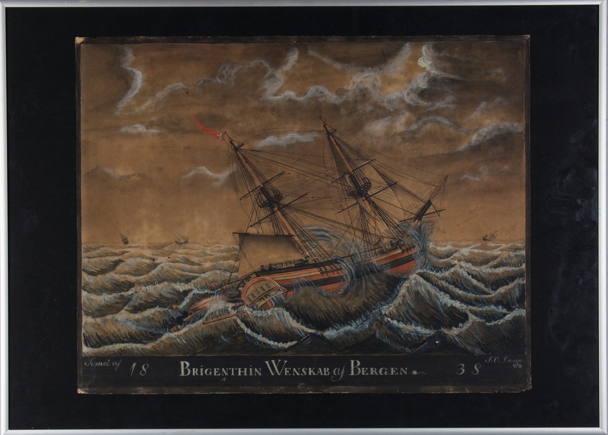 Skipsportrett av brigg WENSKAB med delvis revet seil på opprørt hav. Ser tønner og lettbåt som har falt over bord samt mannskap på dekk. Ser tre seilskip i horrisonten.