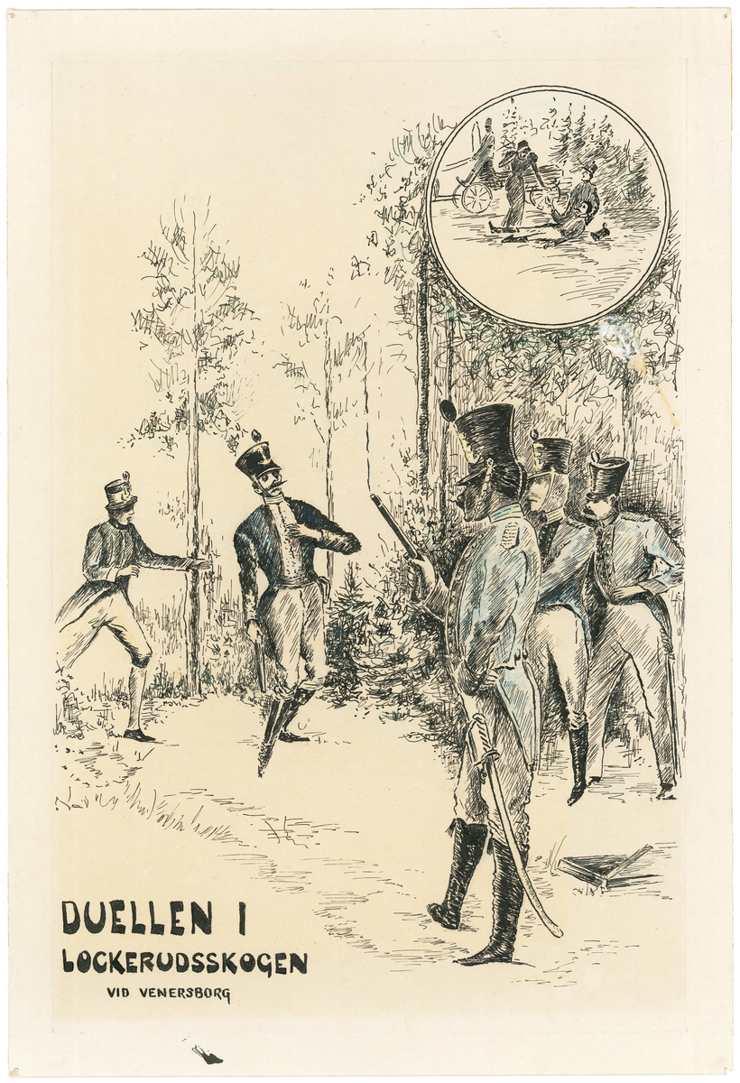 Tuschteckning av den sista duellen i Sverige med dödlig utgång.
På teckningen står Duellen i Lockerudsskogen vid Venersborg.