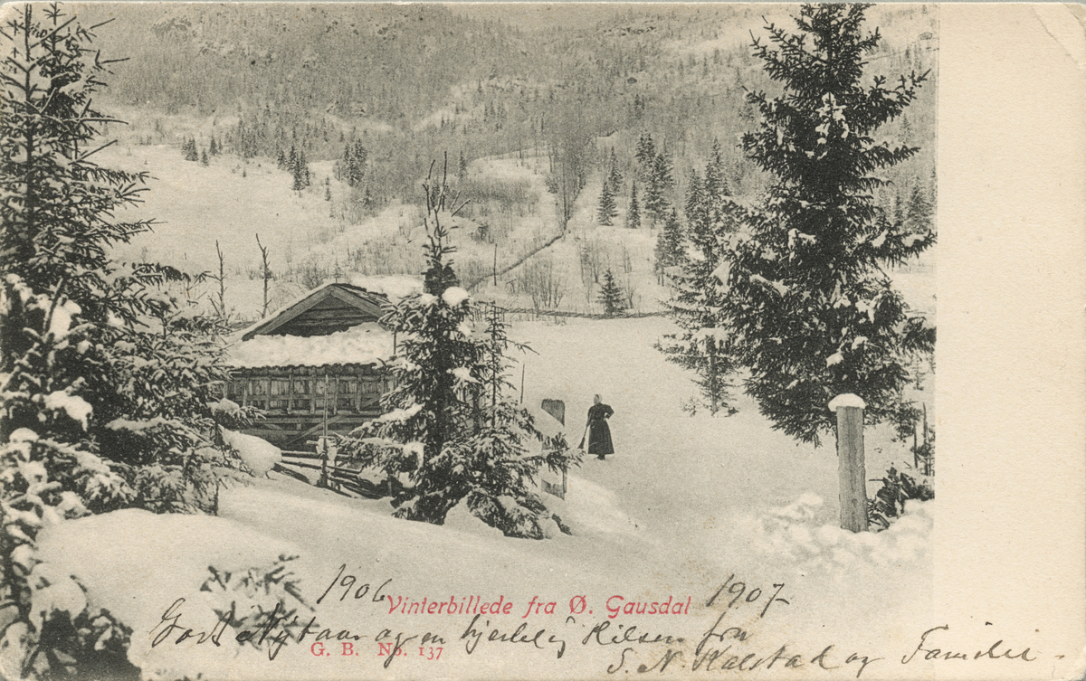 Postkort: Vintermotiv fra Østre Gausdal -  Rannei-stuggua, som var en liten boplass under Engeland gård