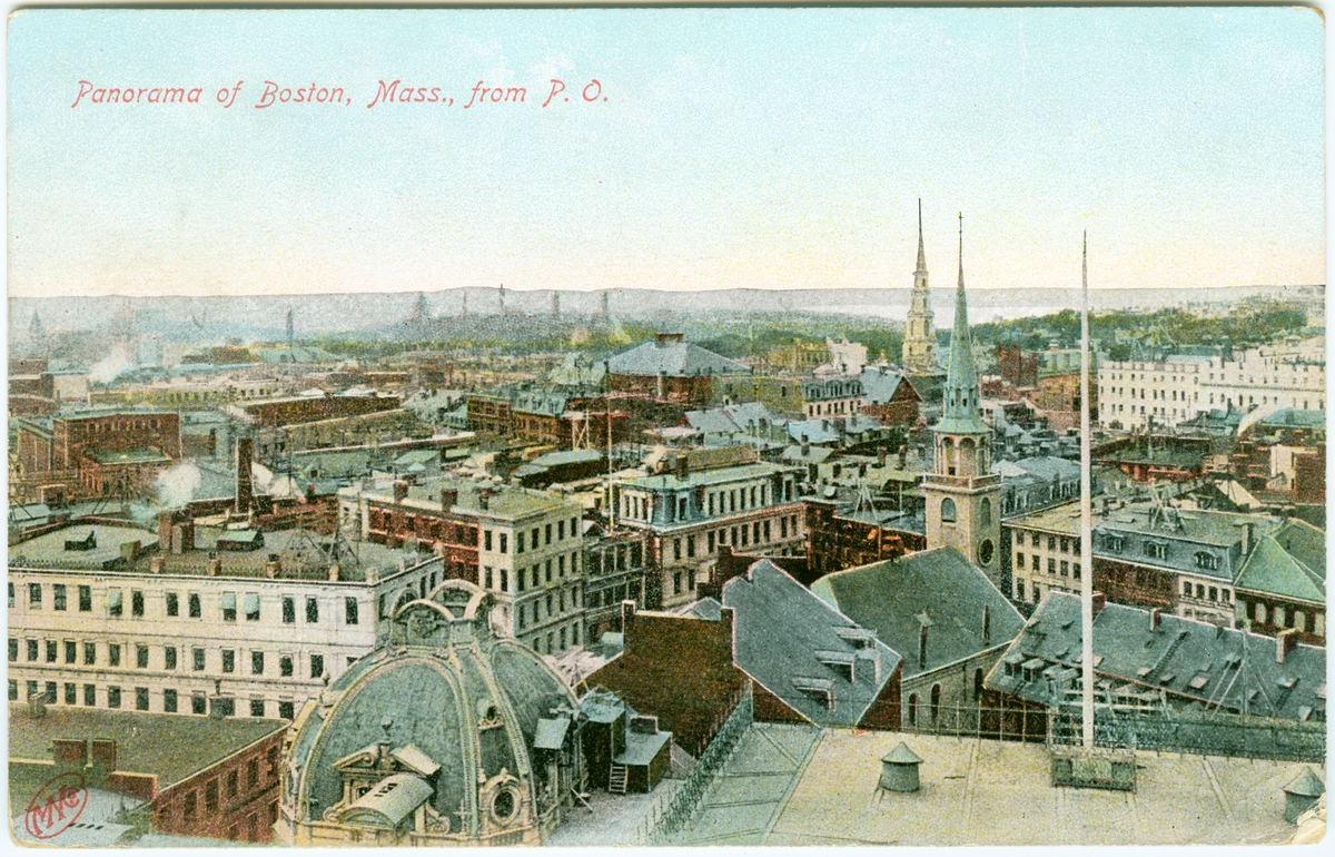 Vykort. Boston, Massachusets.  "Panorama of Boston Mass., from P.O."