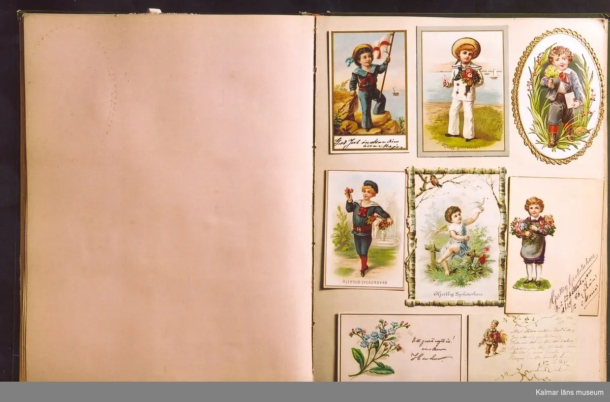 KLM 14529. Album. Innehåller en samling bokmärken, samt nyårs-och gratulationskort, från tiden 1870 till 1890-tal. Albumet med korten har ägts av någon med namnet Amalia, då några av korten är namnsdagskort. Albumet är ett inbundet klotband med pärmtiteln Album, i grönt och guld.