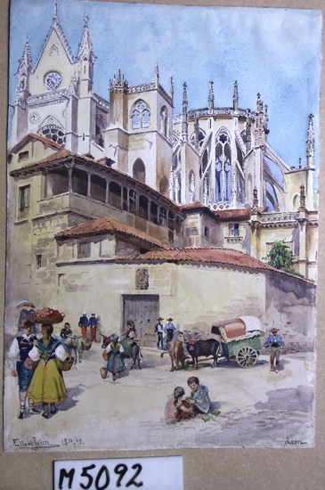 Akvarellmålning på papper.
Katedralen i León, Spanien, med ett litet torg framför, med folkliv.