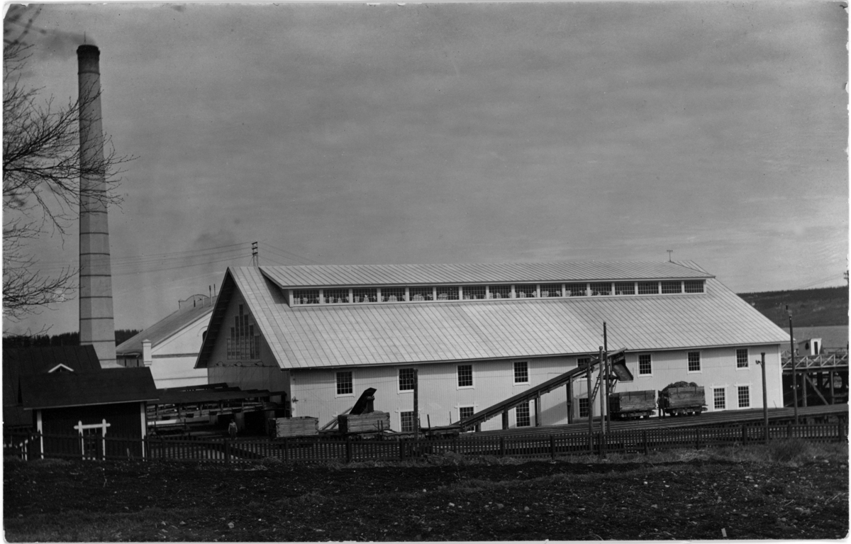 Tunadals sågverk. Bakom det stora såghuset ses kraftstationen som byggdes 1914. Vykort.