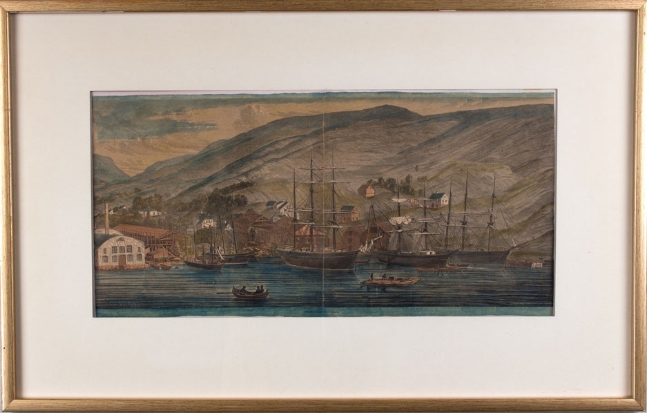 Kolorert tresnitt av Grans Skibsværft i Bergen i 1867. Ser flere seilskip ved kai, arbeidsflåter med arbeidere på samt verftsbygningene på land.