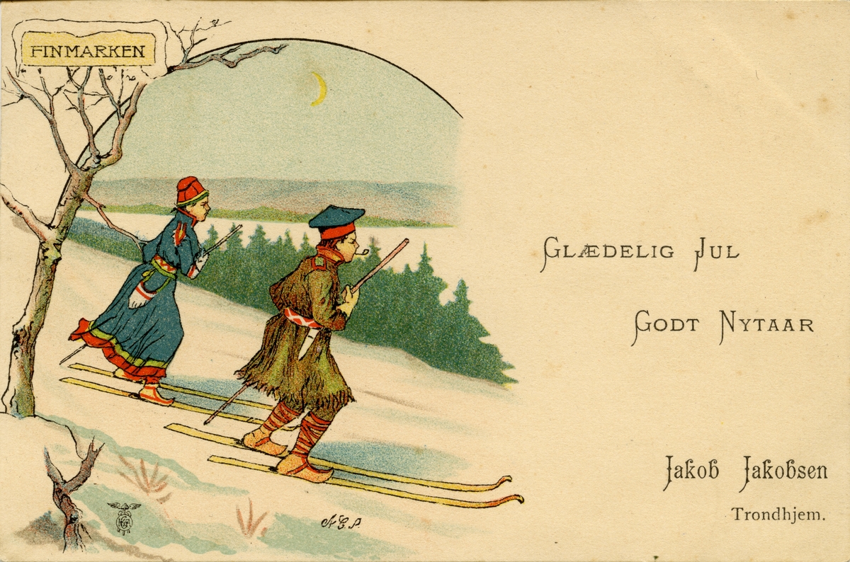 Jule- og nyttårskort. Jule- og nyttårshilsen. Vintermotiv. Kvinne og mann kledd i samedrakter på vei nedover en bakke på ski. Stemplet 23.12.1909.