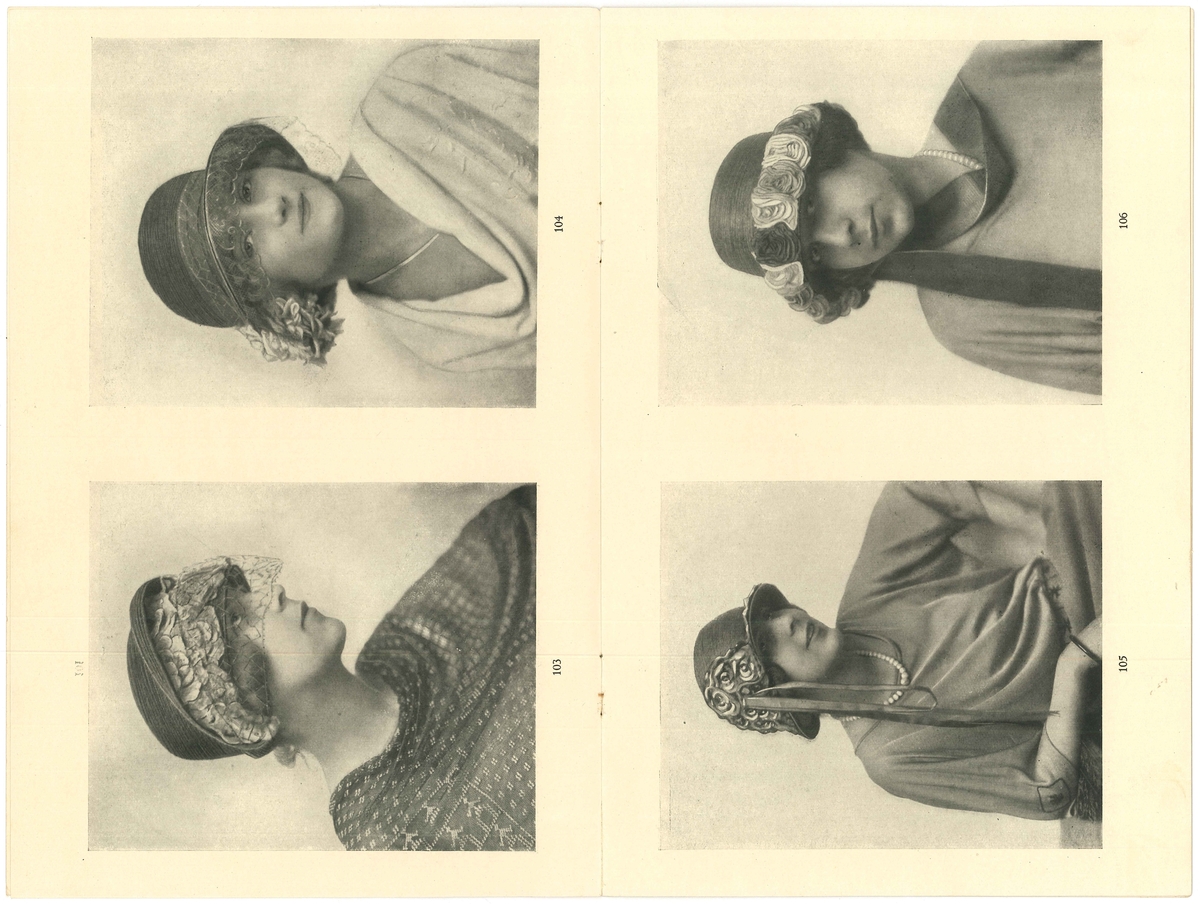 Uppslag i modehäfte med fyra kvinnor i hatt. 

Modeller på hattar. Från år 1923. Modejournalen fanns i Amanda Nordahls Modeaffär, Vänersborg.